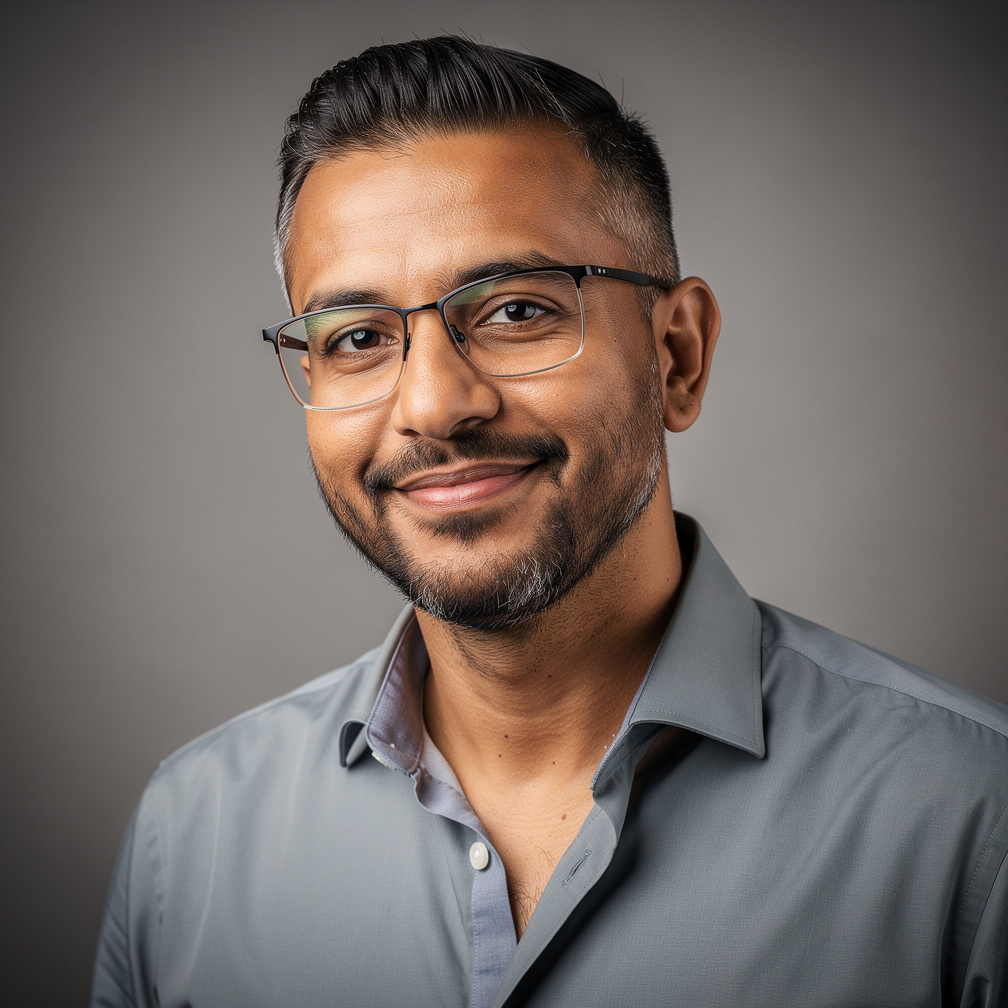 Studio portrait of a Moroccan-Dutch male radio journalist in his forties with glasses