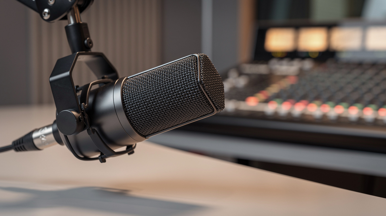 Close-up of a podcast microphone on a broadcast desk